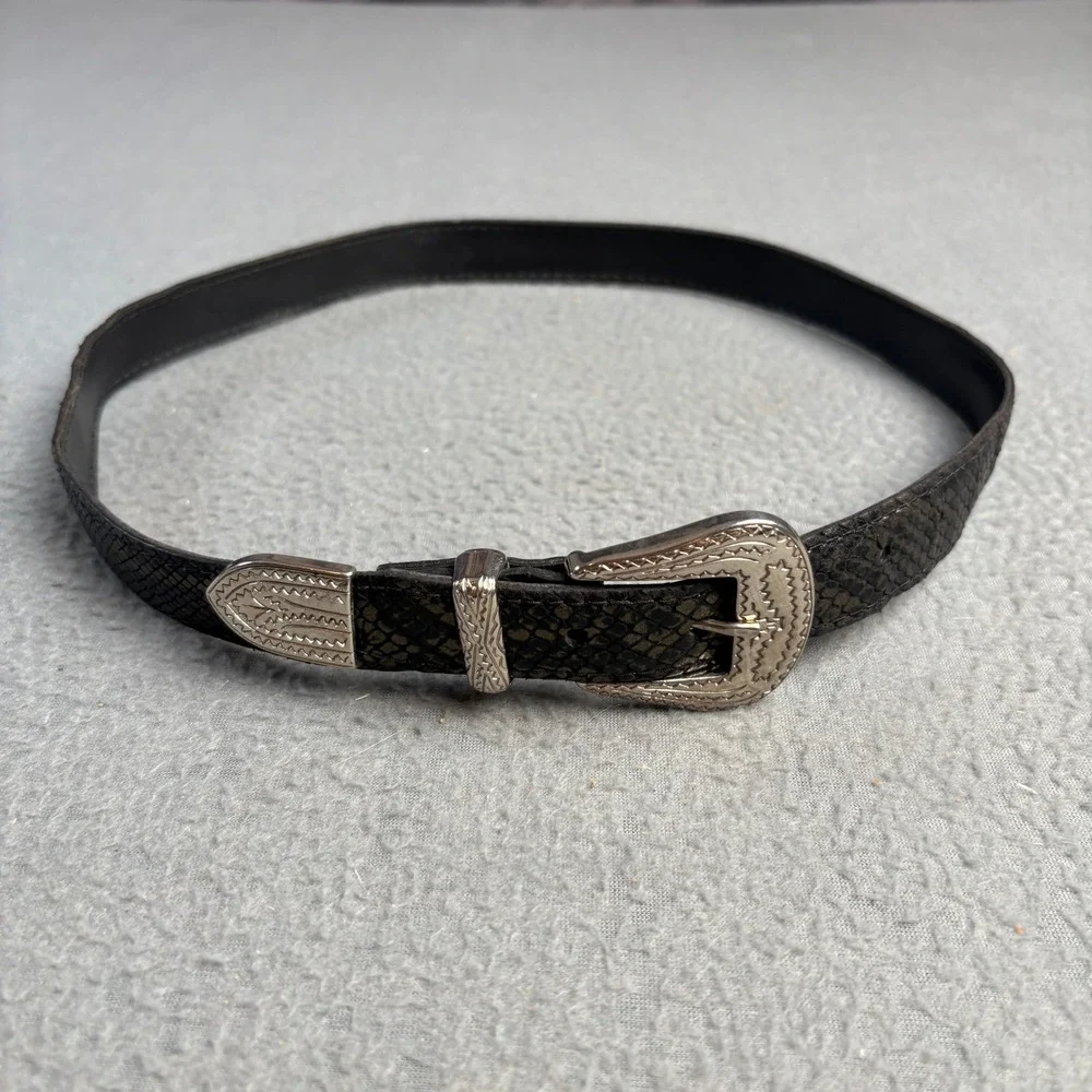 Priore Leather Western Belt Snakeskin Embossed Silver Engraved Hardware 3691 M